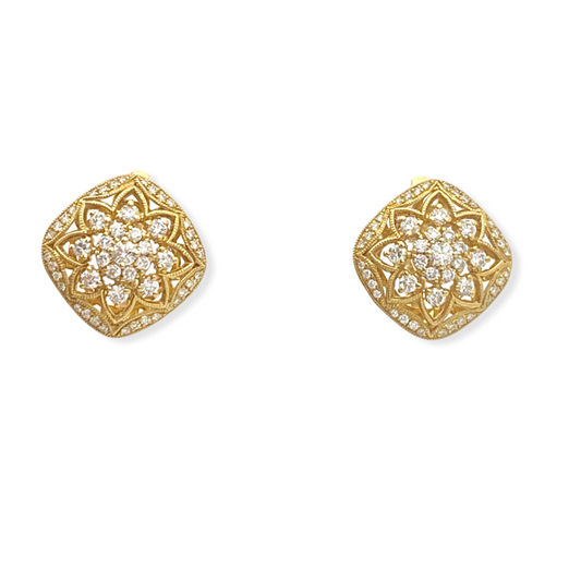 Yellow gold cushion-shaped diamond flower stud earrings with milgrain detail