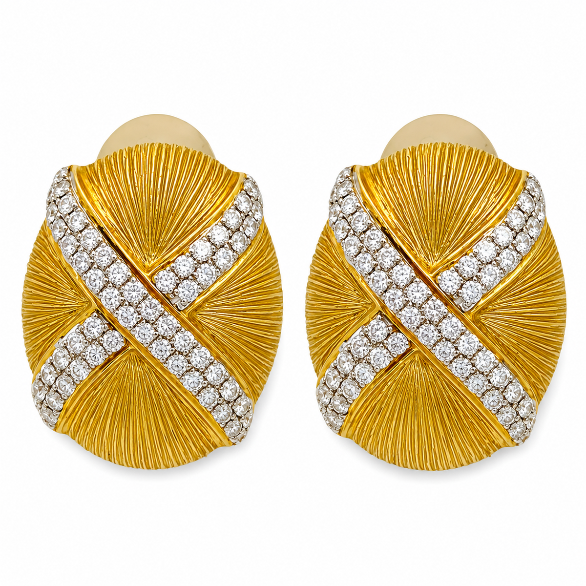Yellow gold fluted dome earrings with a crisscross of diamonds