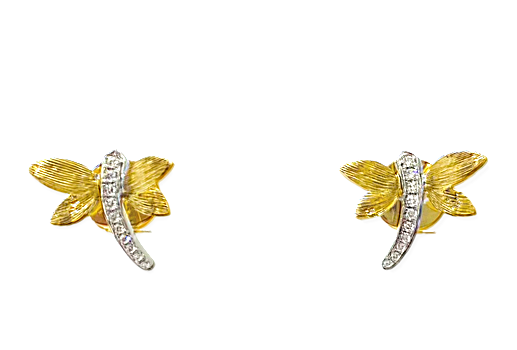 Two-tone gold dragonfly stud earrings with diamond bodies