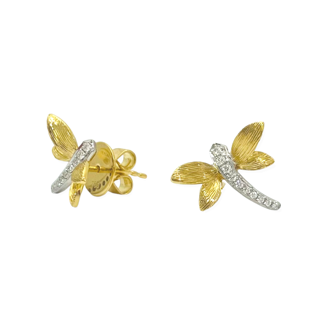 Two-tone gold dragonfly earrings shown from front and side with posts