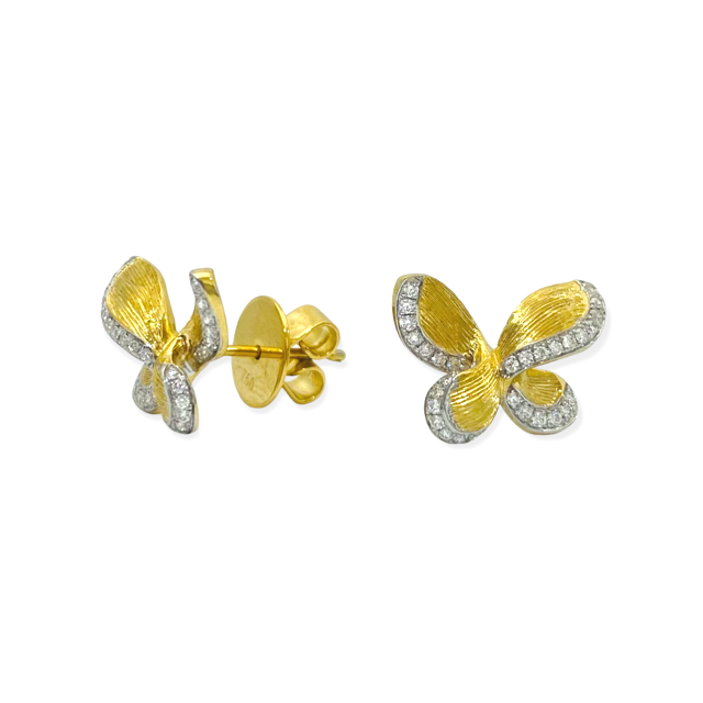 Two-tone gold butterfly earrings with diamond-outlined wings shown front and back