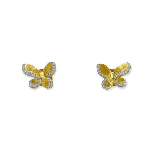 Two-tone gold butterfly stud earrings with diamond-outlined wings