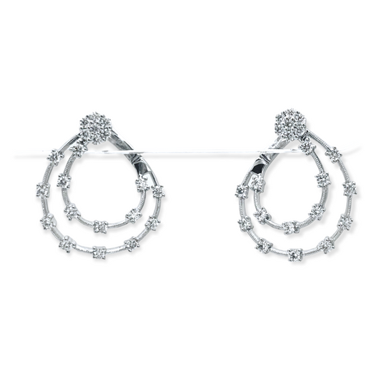 White gold double-loop diamond drop earrings with cluster tops