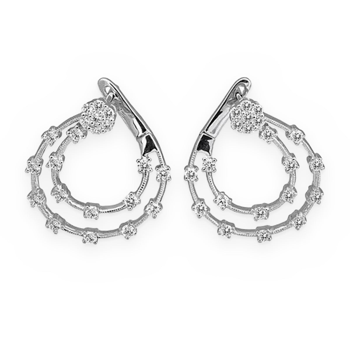White gold double-loop diamond earrings with cluster tops, close view