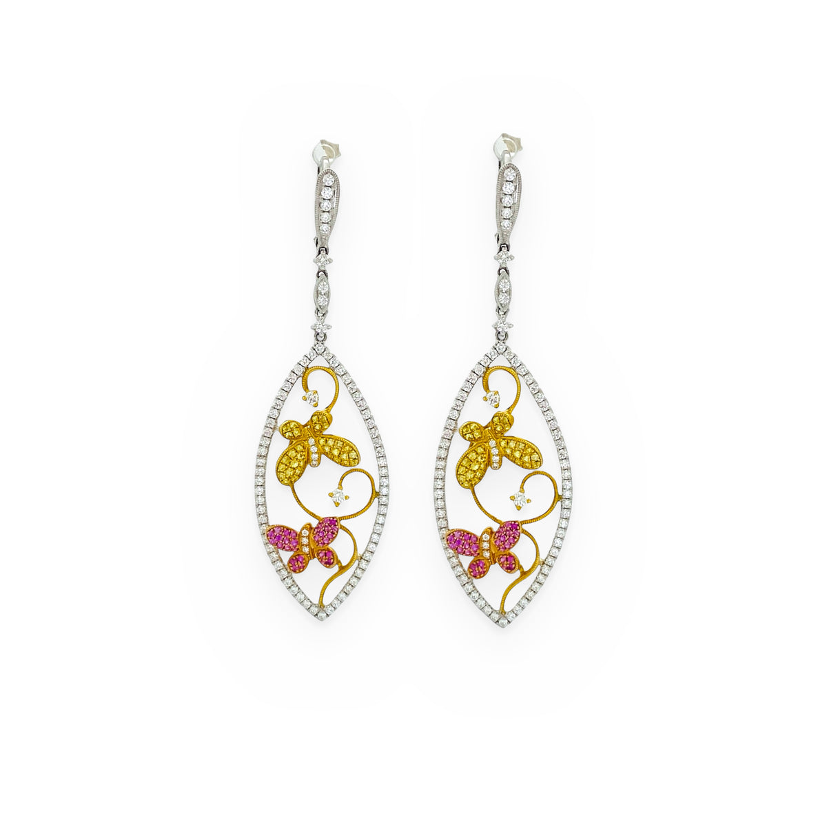 Two-tone gold marquise drop earrings with yellow and pink sapphire butterflies