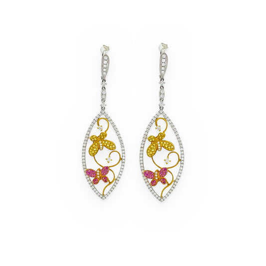 Two-tone gold marquise drop earrings with yellow and pink sapphire butterflies