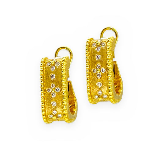 Yellow gold beaded-edge huggie earrings with diamond cross motifs