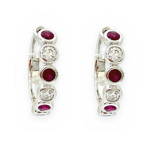 White gold huggie hoop earrings with alternating rubies and diamonds
