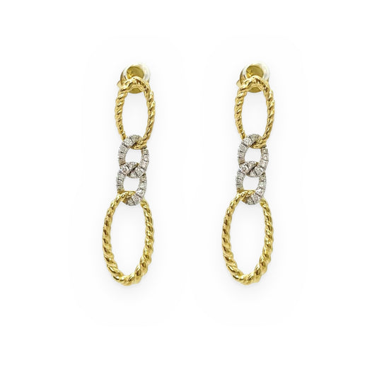 Two-tone gold twisted-rope link drop earrings with diamond pave links