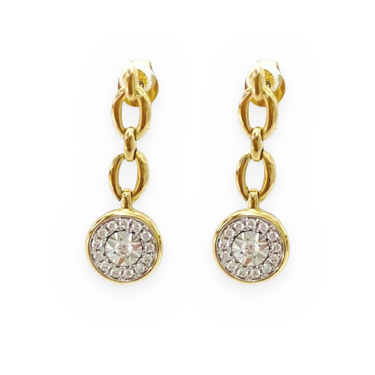 Yellow gold chain drop earrings with round diamond halo pendant