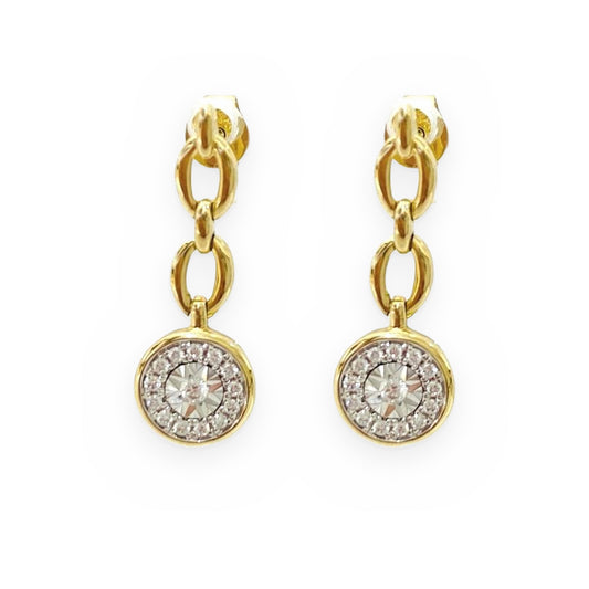 Yellow gold chain drop earrings with round diamond halo pendant