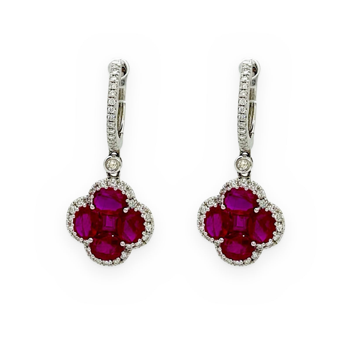 White gold ruby quatrefoil drop earrings with diamond halos
