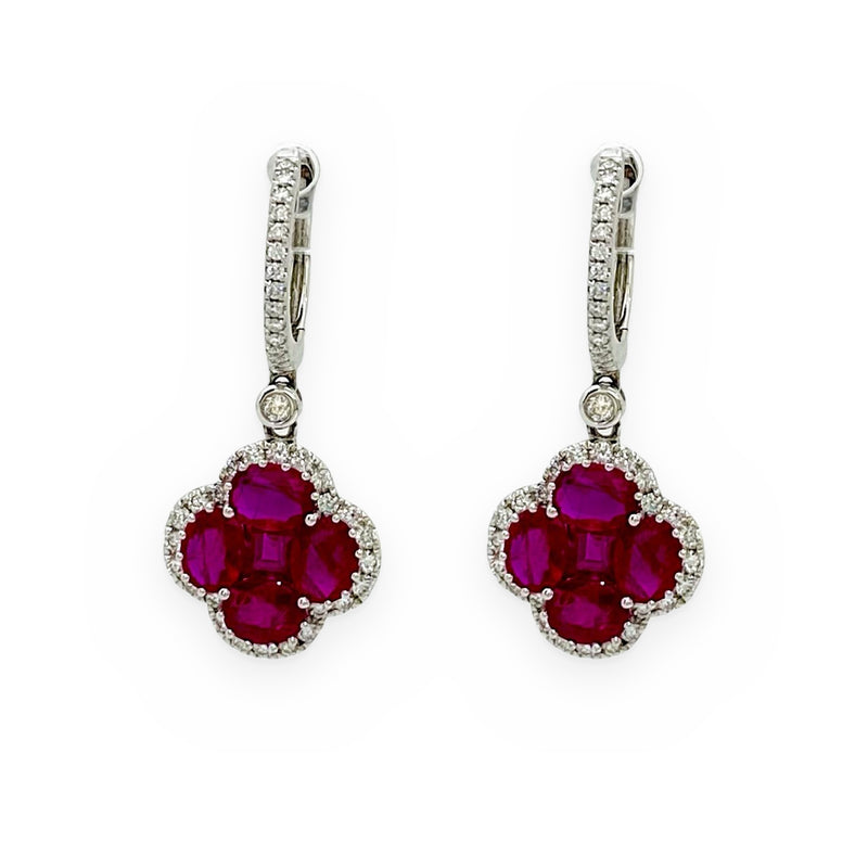 White gold ruby quatrefoil drop earrings with diamond halos
