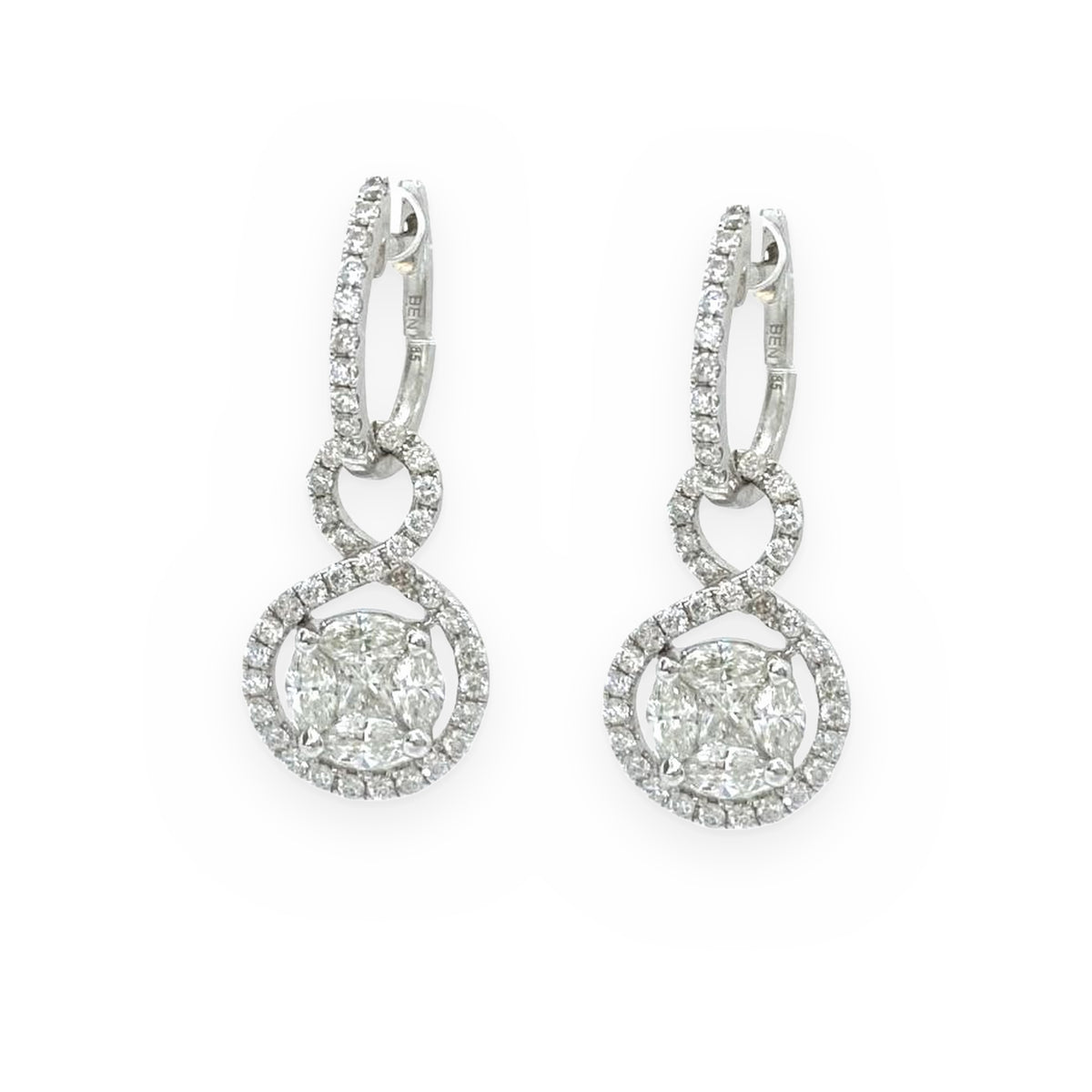 White gold diamond drop earrings with cushion cluster in a round halo