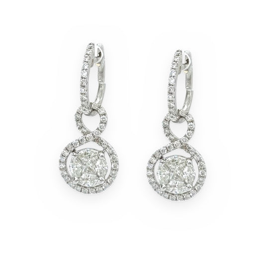White gold diamond drop earrings with cushion cluster in a round halo