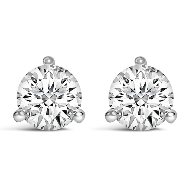 White gold three-prong round diamond solitaire stud earrings