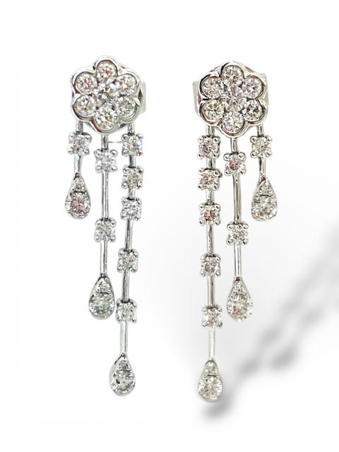 White gold diamond flower-top waterfall drop earrings with pear dangles