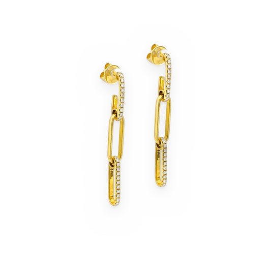 Yellow gold diamond-pave paperclip link drop earrings