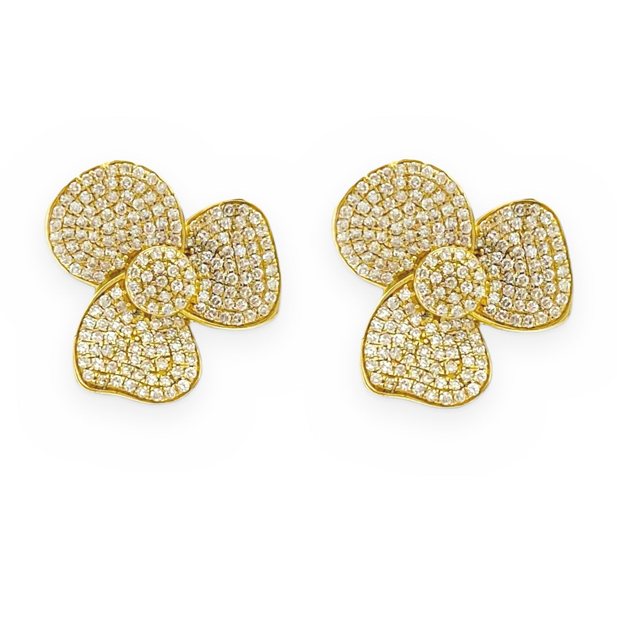 Yellow gold pave diamond three-petal flower stud earrings