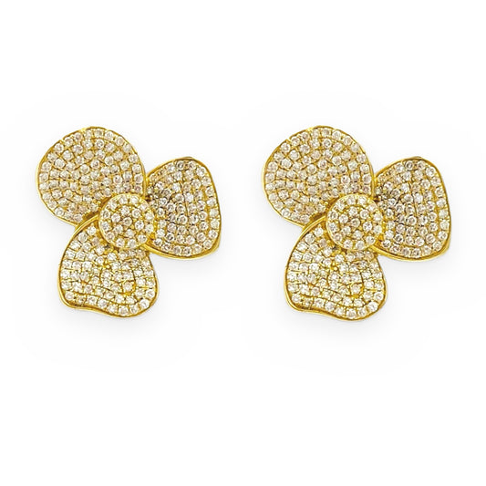 Yellow gold pave diamond three-petal flower stud earrings