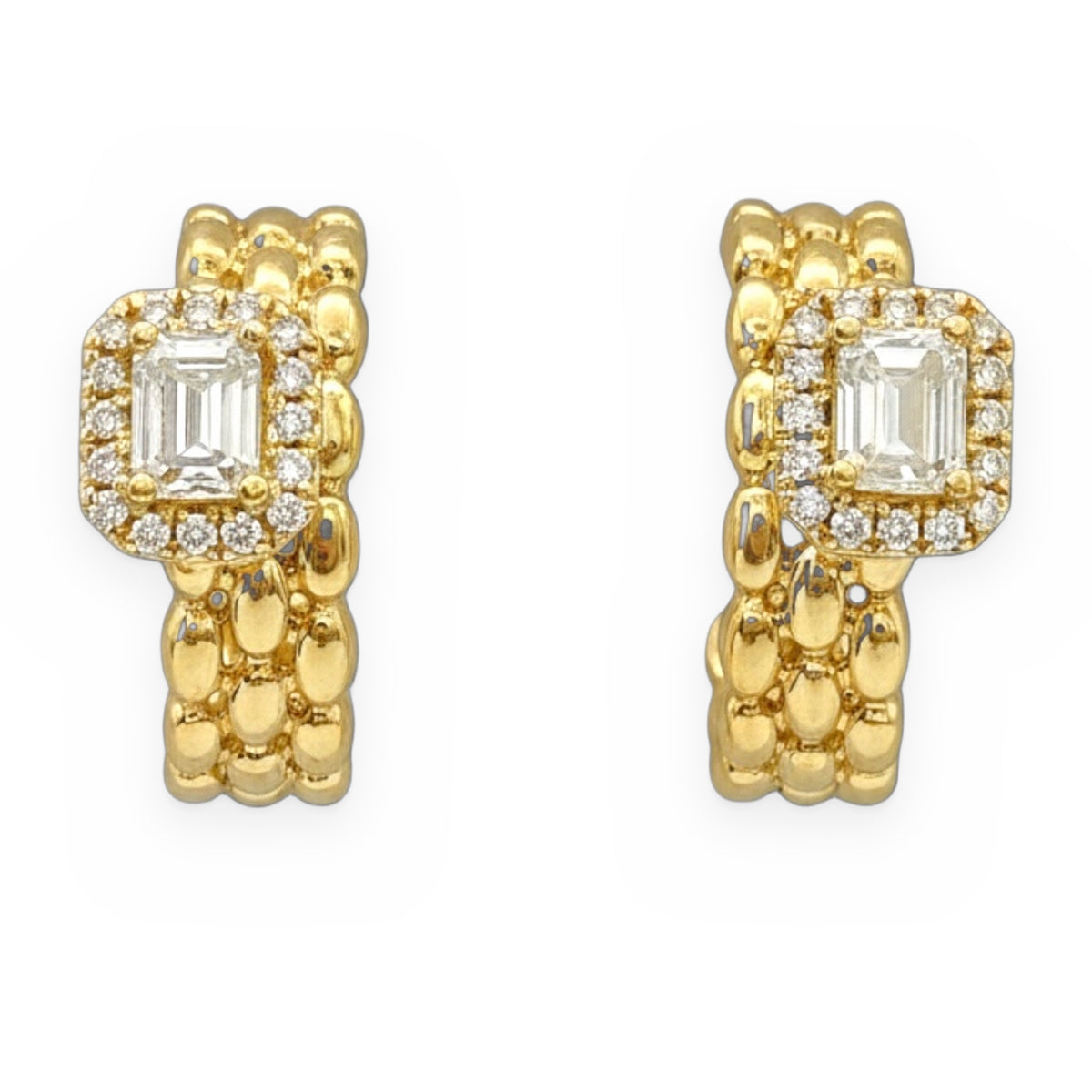 Yellow gold beaded huggie earrings with emerald-cut diamond halo center