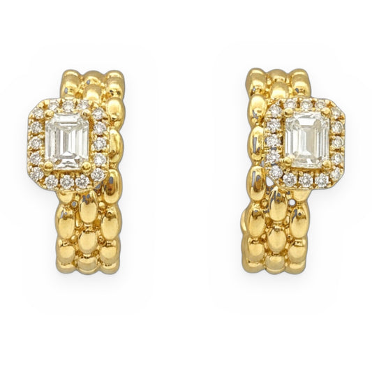 Yellow gold beaded huggie earrings with emerald-cut diamond halo center