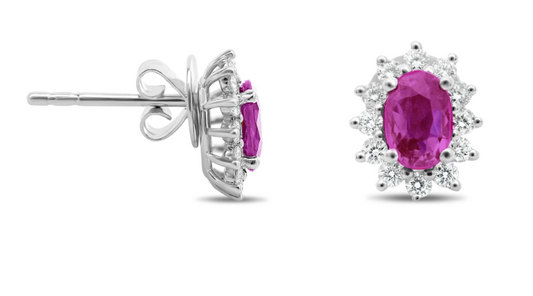 White gold oval pink sapphire stud earrings with diamond halo