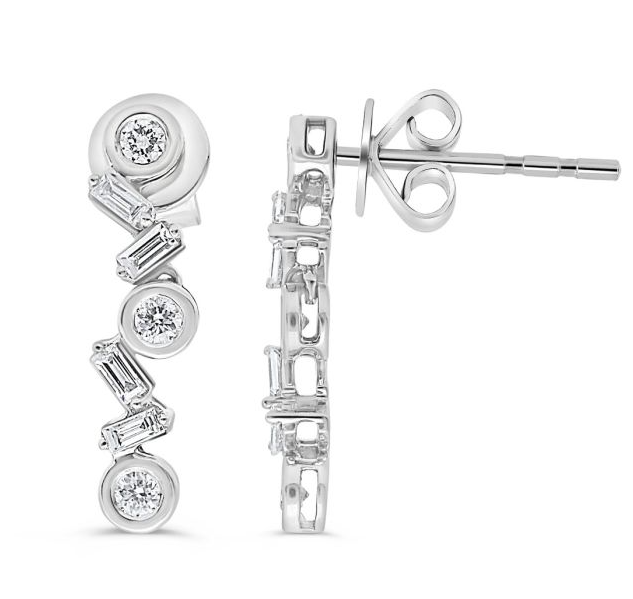 White gold scattered baguette and round diamond climber earrings