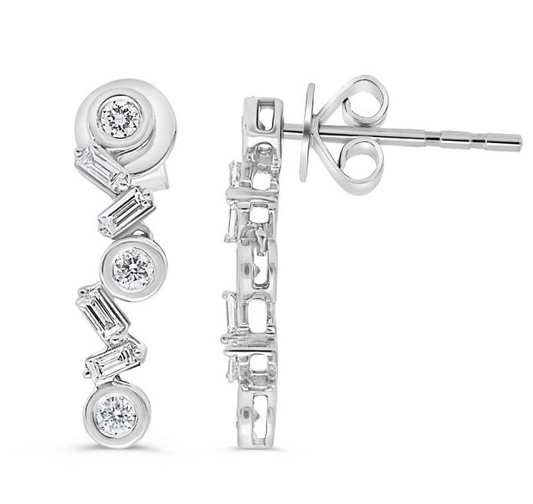 White gold scattered baguette and round diamond climber earrings