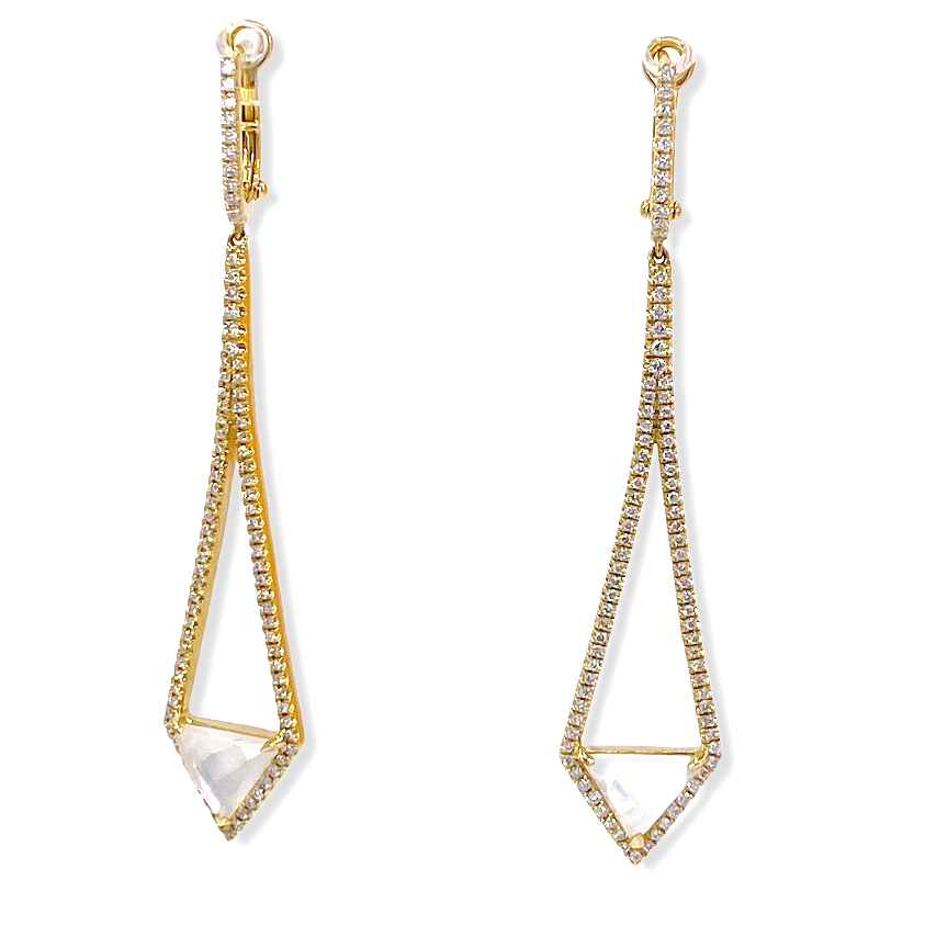 Yellow gold and diamond elongated kite drop earrings with clear stone