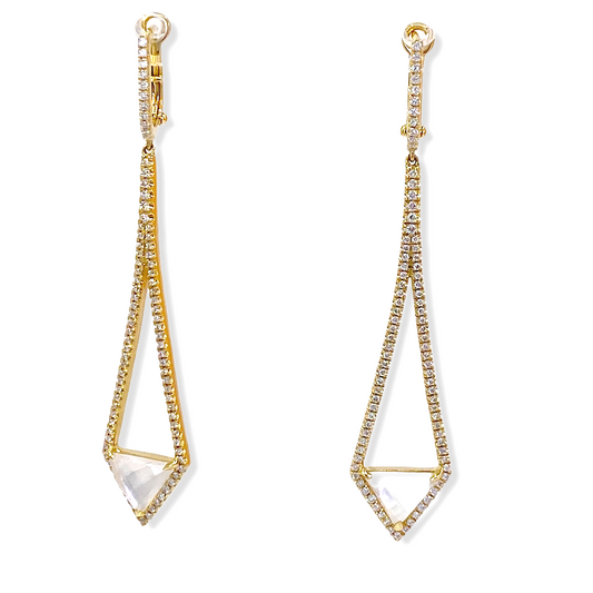 Yellow gold and diamond elongated kite drop earrings with clear stone