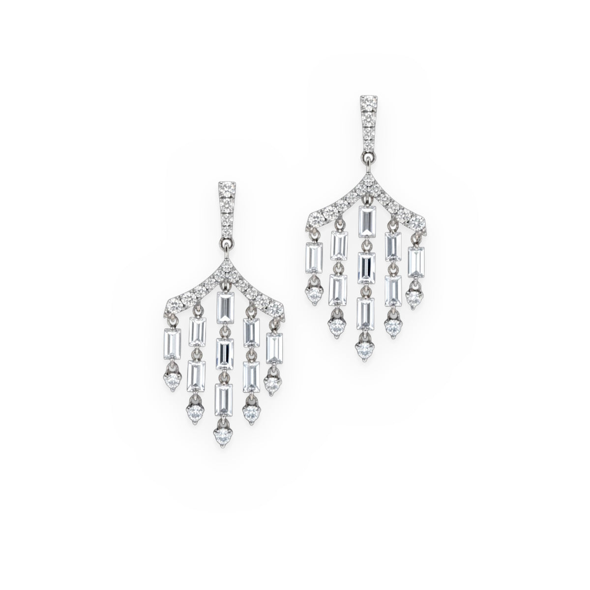 White gold Art Deco baguette diamond chandelier earrings