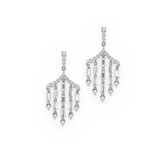 White gold Art Deco baguette diamond chandelier earrings
