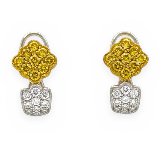 Two-tone gold clover earrings with yellow and white diamonds