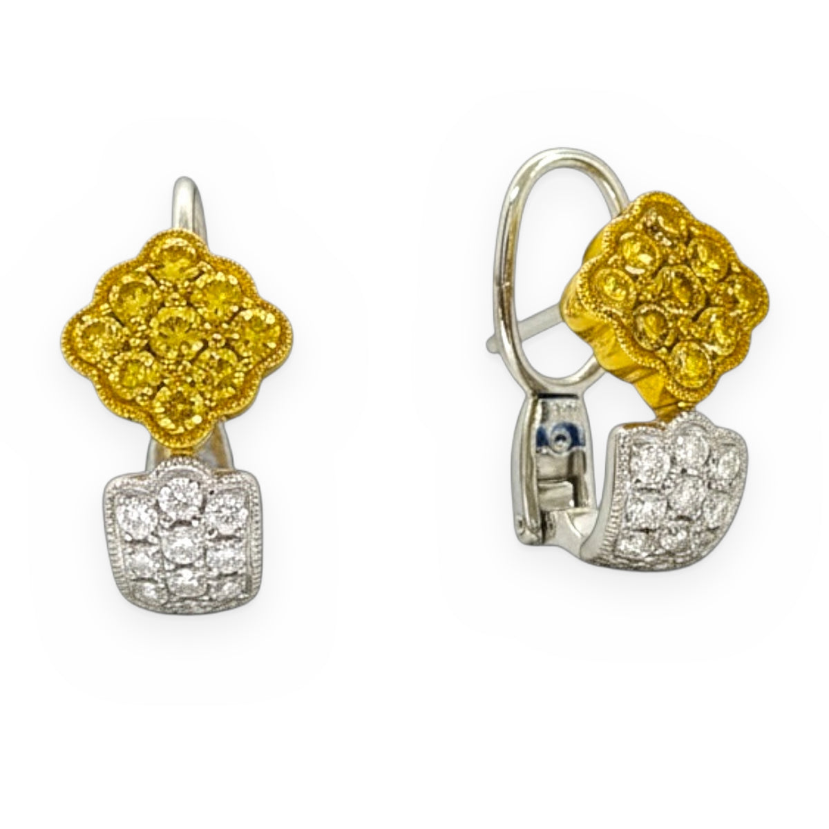 Two-tone gold yellow and white diamond clover earrings, front and side view
