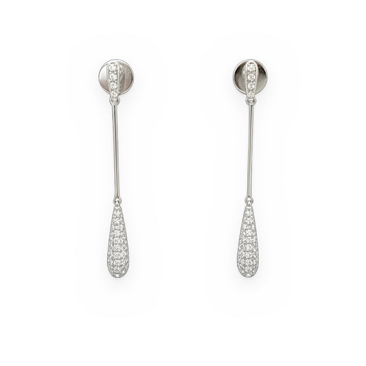 White gold diamond pave teardrop long drop earrings