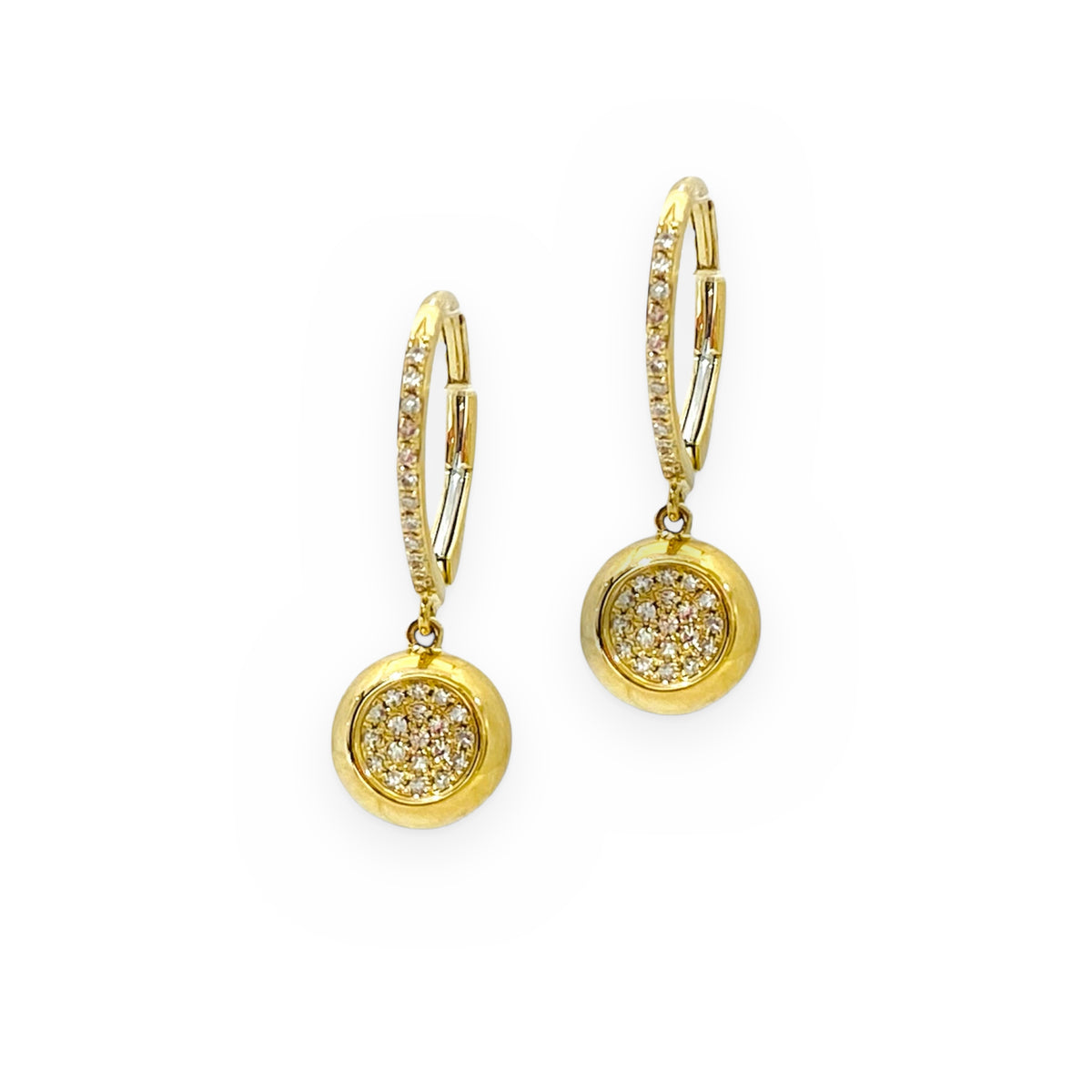Yellow gold leverback earrings with pave diamond disc drops