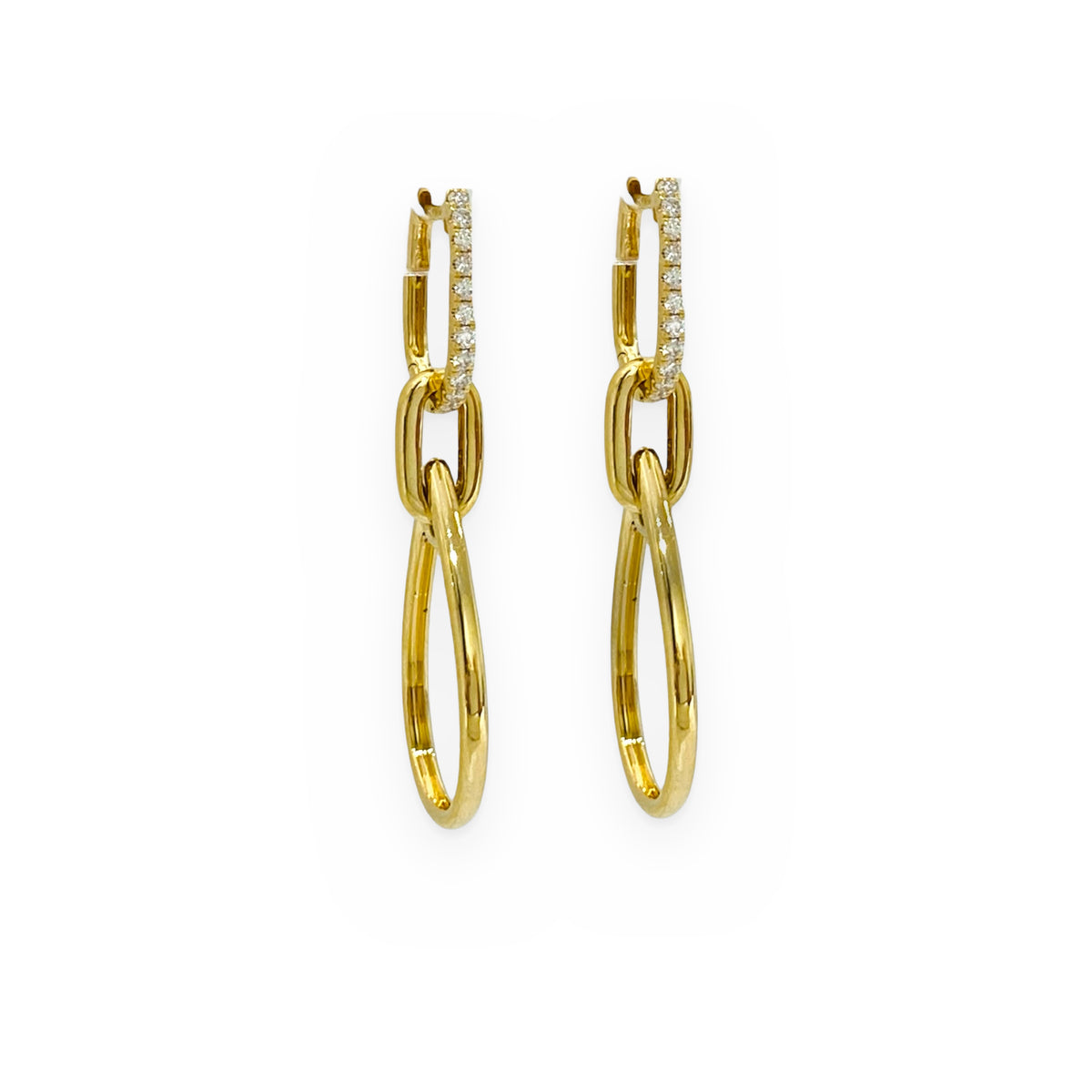 Yellow gold link drop earrings with diamond pave top link