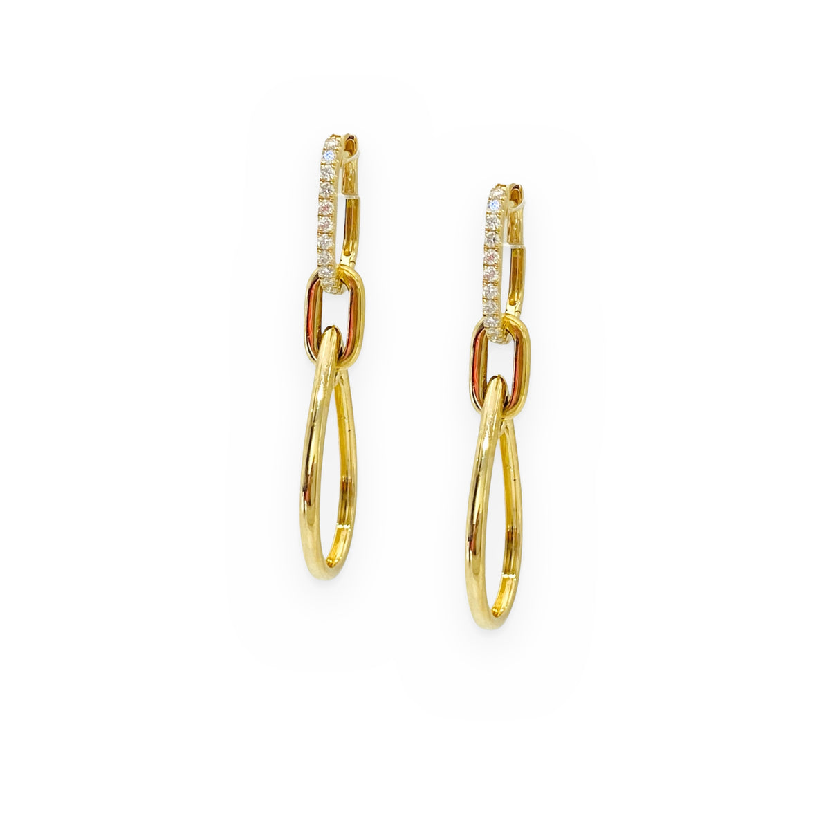 Yellow gold diamond link drop earrings, angled view