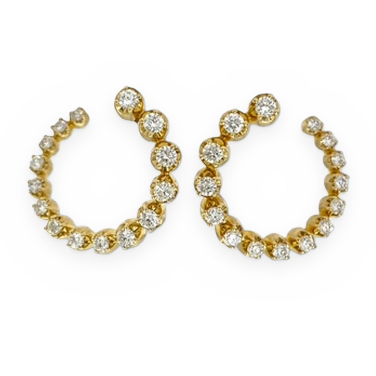 Yellow gold diamond bezel front-facing curved hoop earrings