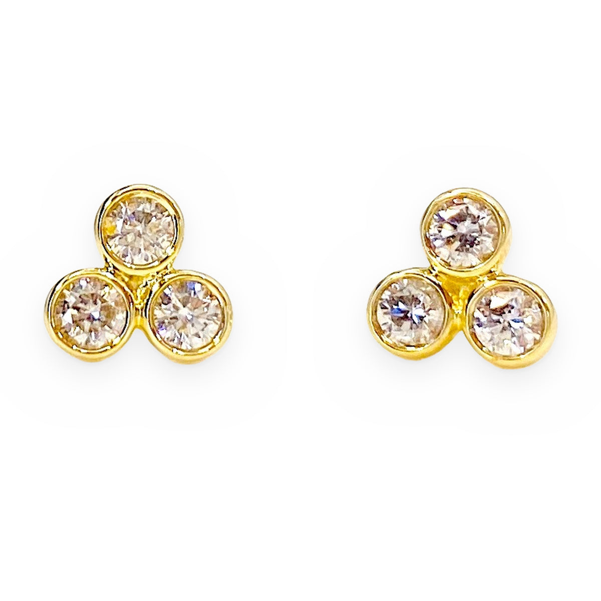 Yellow gold three-stone diamond cluster stud earrings