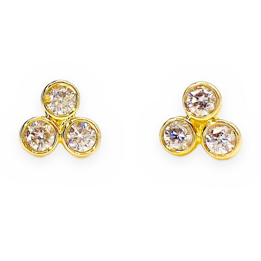 Yellow gold three-stone diamond cluster stud earrings