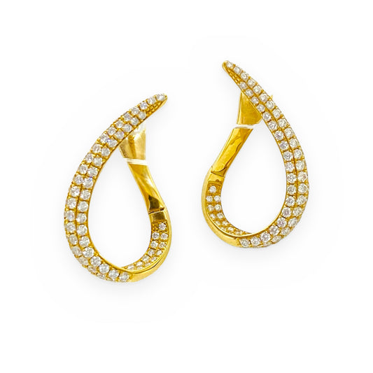 Yellow gold diamond pave paisley twist hoop earrings