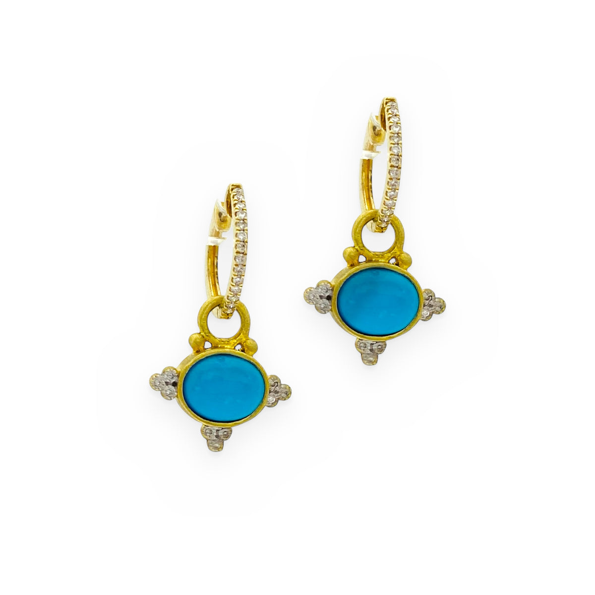 Yellow gold turquoise cabochon drop earrings with diamond huggies