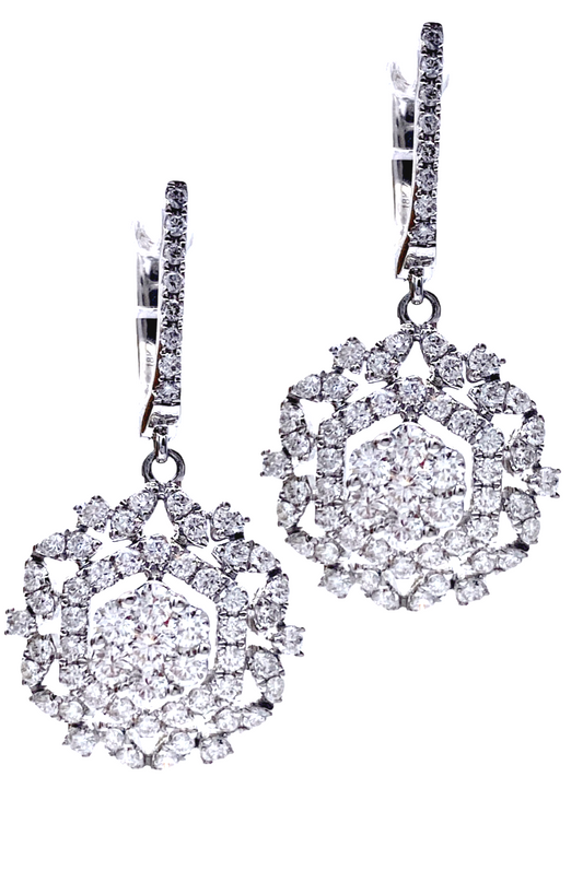White gold diamond snowflake cluster drop earrings