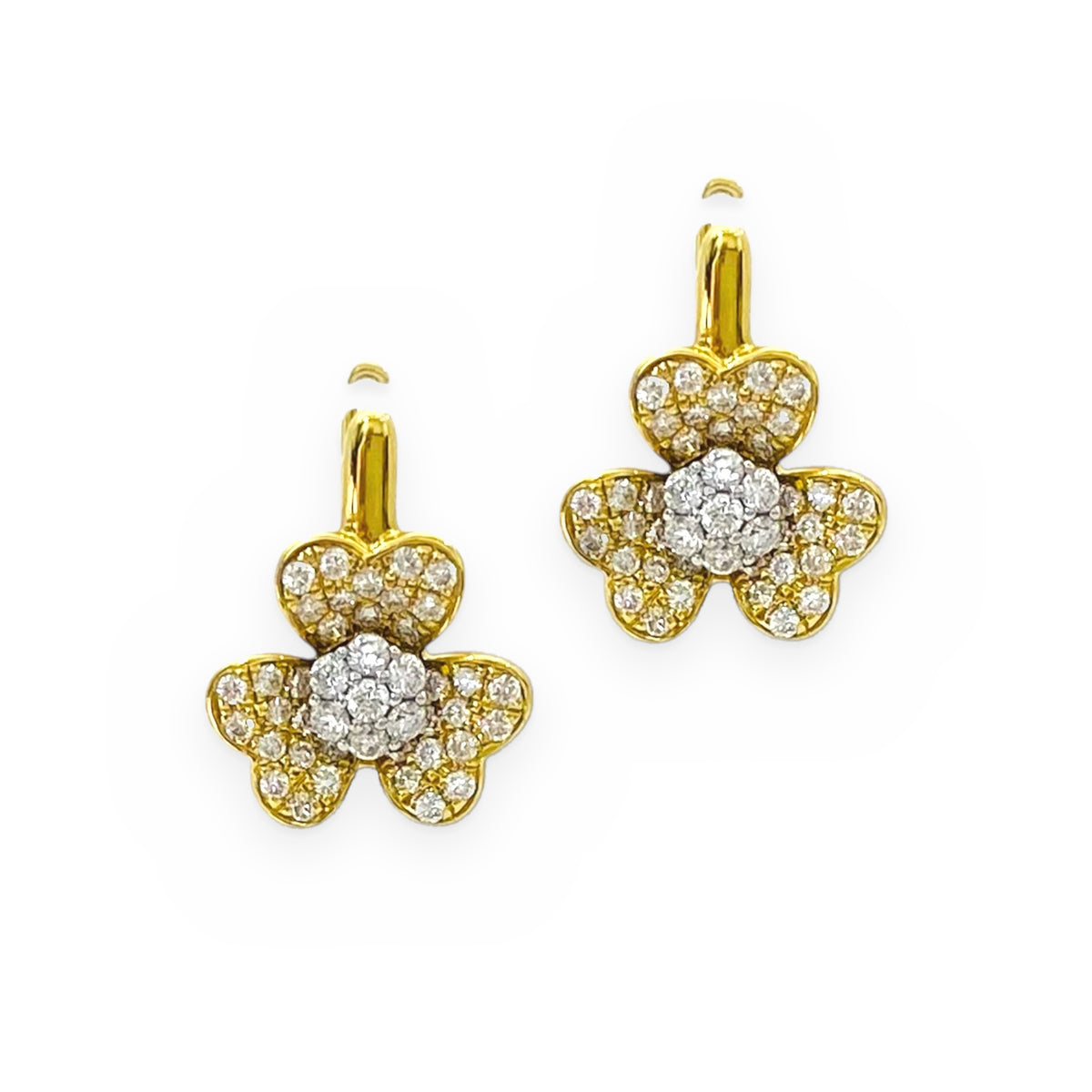 Yellow gold diamond pave flower earrings, angled view