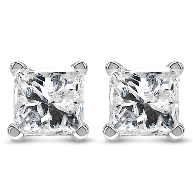 White gold princess-cut diamond solitaire stud earrings