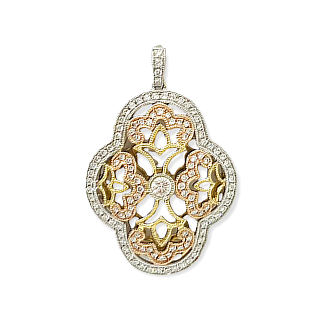 Tri-color gold diamond openwork quatrefoil pendant