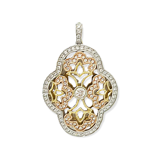 Tri-color gold diamond openwork quatrefoil pendant