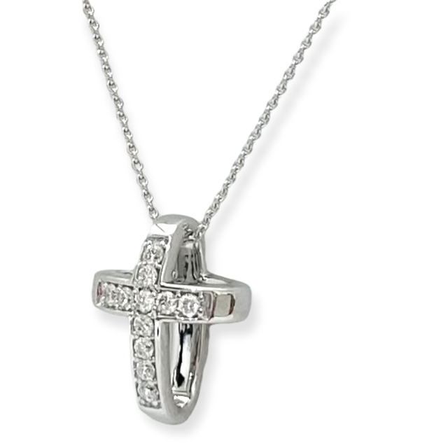 White gold diamond cross pendant, angled view